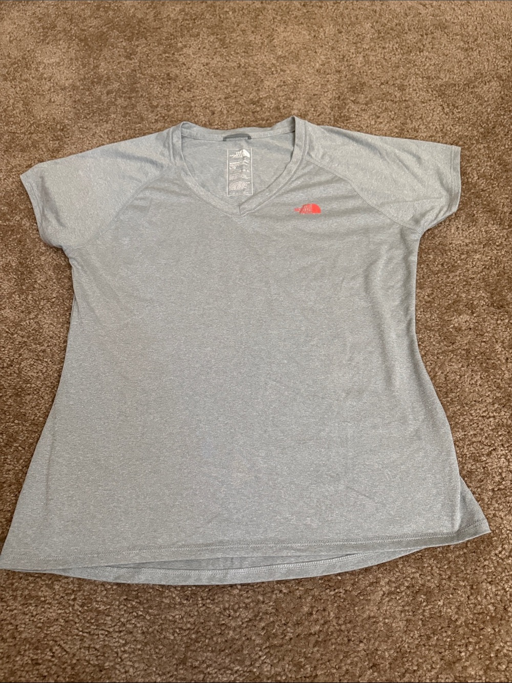 The North Face Women's Heather Gray V-Neck Short Sleeve Tee with Coral Logo